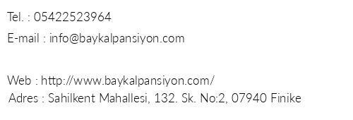 Baykal Pansiyon Finike telefon numaralar, faks, e-mail, posta adresi ve iletiim bilgileri